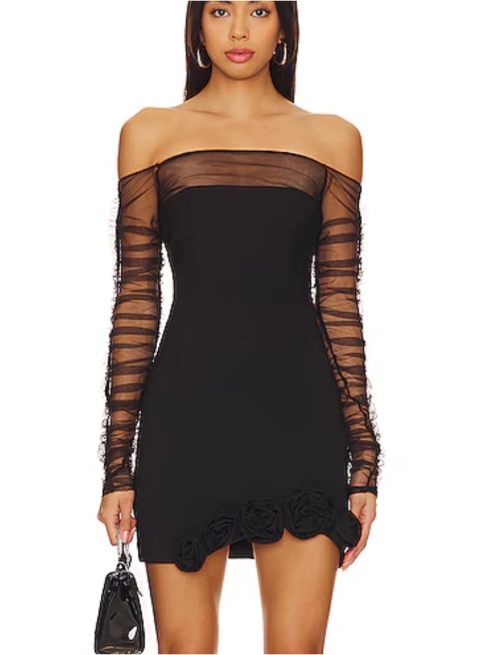 Camila Coelho Thais Mini Dress Black Off-Shoulder Mesh Sleeve Revolve S